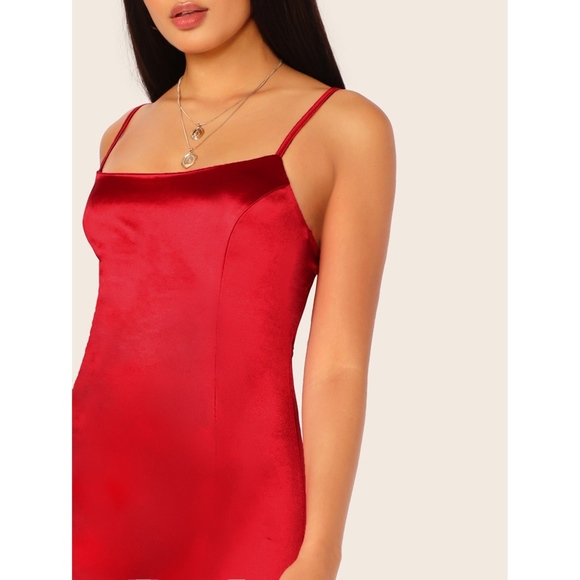 Bright Red Sleeveless Satin Bodycon Cami Dress - Picture 4 of 7